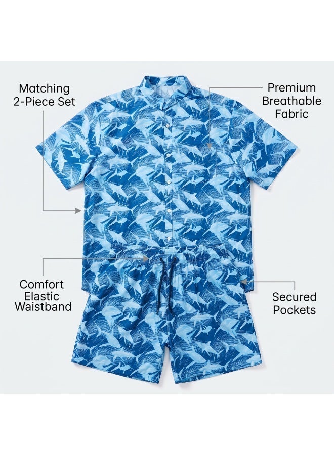 IceZone Men's 2 Piece Matching Set, Blue Shark Print Shirt and Shorts - Image 2