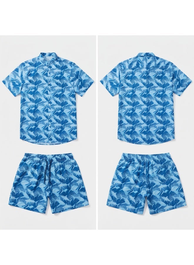 IceZone Men's 2 Piece Matching Set, Blue Shark Print Shirt and Shorts - Image 4