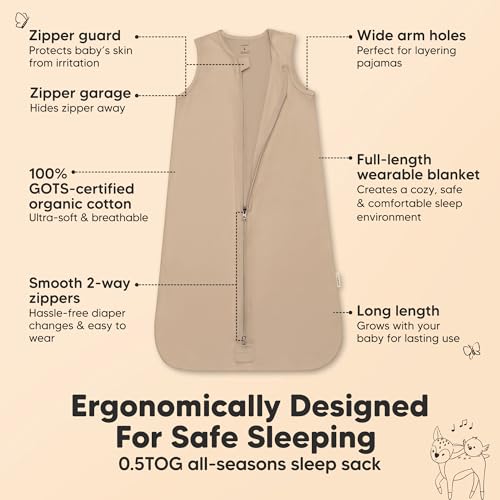 KeaBabies 2-Pack Baby Sleep Sacks, Zipper Wearable Blanket - 0.5TOG Organic Cotton, Lightweight,Soft Cozy Infant Sleeping Sack 3-6 months,Easy to Wear Small Newborn Transition Swaddles Sleepsacks(Ecru, S) - Image 2