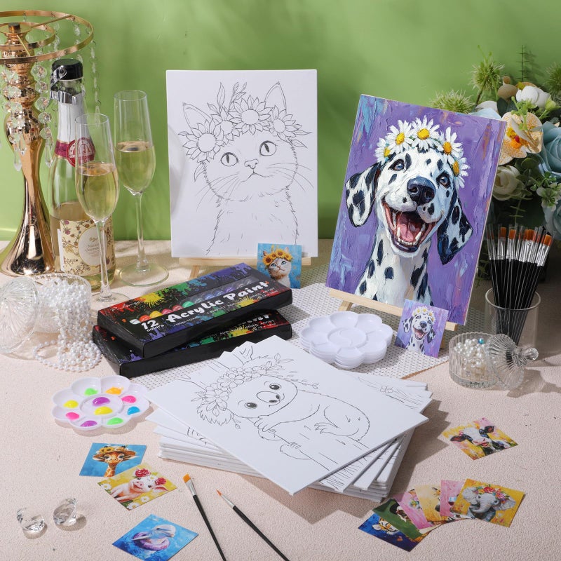 Sherr 12 Pcs Pre Drawn Canvas Pre Printed Canvas Set for Adults Cute Printed to Paint Set Theme Painting for Valentine's Day Party Favor(Flower Animals,8 x 10 Inch) - Image 2