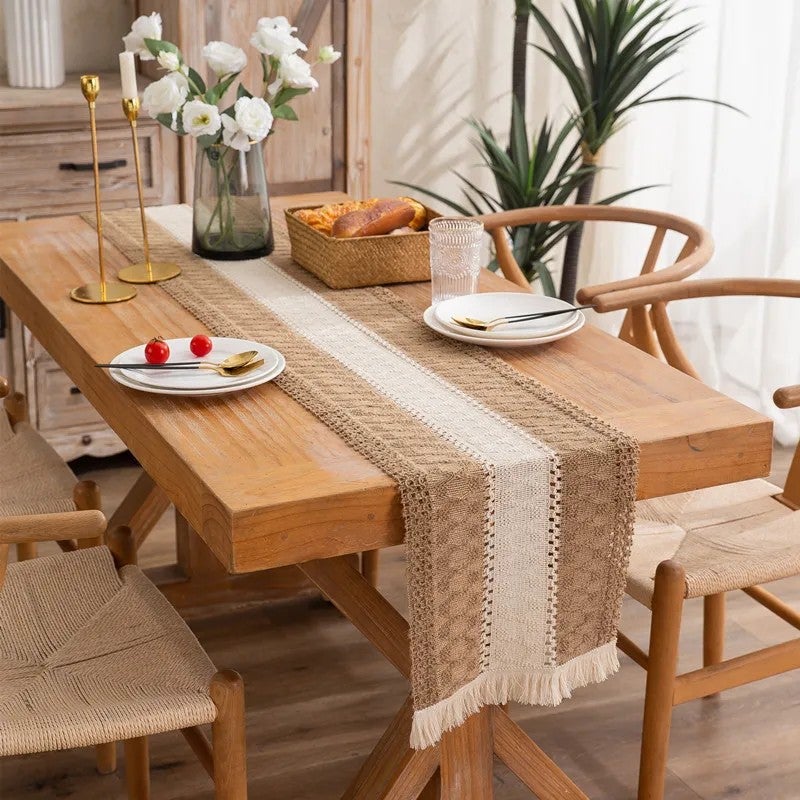 Y&D Natural Color Woven Table Runner with Color-Blocked Tassel, Striped and Diamond-Shaped Checkered Design for Table, Chest, or Cabinet Decoration - Image 5