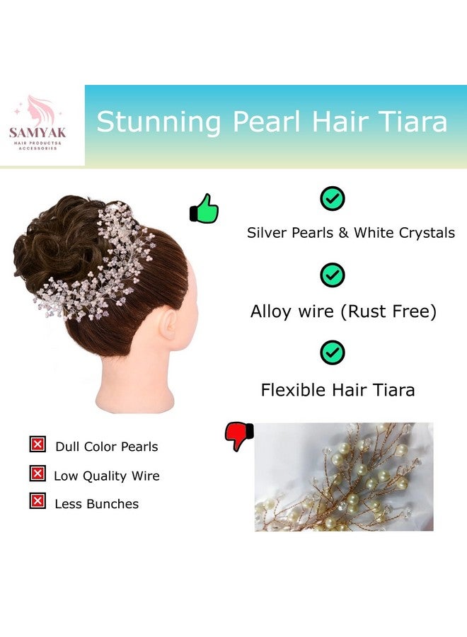 Samyak Women Pearl Hair Accessories Crystal Beaded Handmade Hair Pins For Brides Bridesmaid Hair Piece Tiara Vine For Hair Decoration (Silver) - Image 2