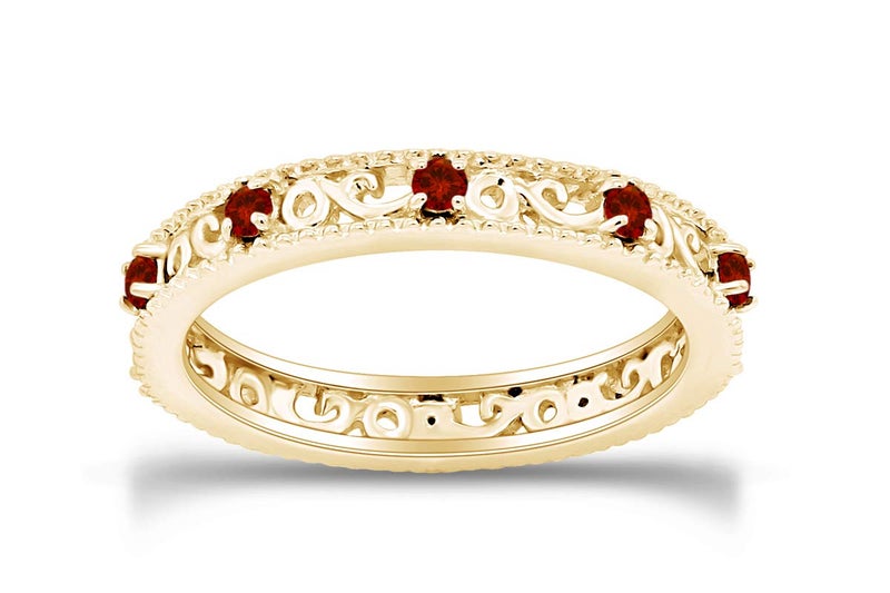 AFFY Filigree Eternity Wedding Band Ring for Women, Round Simulated Gemstone Garnet Stackable Promise Ring, 14K Yellow Gold Plated 925 Sterling Silver Band Width 3.5mm, Jewelry Gift for Her, Size-8 - Image 2