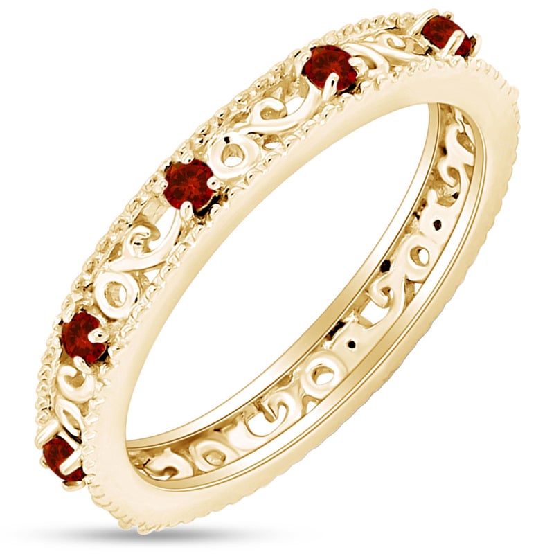 AFFY Filigree Eternity Wedding Band Ring for Women, Round Simulated Gemstone Garnet Stackable Promise Ring, 14K Yellow Gold Plated 925 Sterling Silver Band Width 3.5mm, Jewelry Gift for Her, Size-8 - Image 1