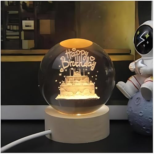 Desidiya 3D Crystal Happy Birthday Lamp Engraved Crystal Ball LED Night Light with Wooden Base - USB Powered Glass Ball Led Night Light Table Lamp for Kids Room, Teens Home & Office Decor,Warm White - Image 2
