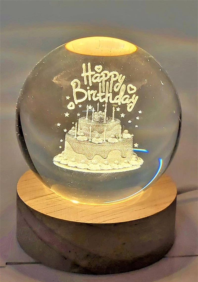 Desidiya 3D Crystal Happy Birthday Lamp Engraved Crystal Ball LED Night Light with Wooden Base - USB Powered Glass Ball Led Night Light Table Lamp for Kids Room, Teens Home & Office Decor,Warm White - Image 3