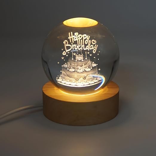 Desidiya 3D Crystal Happy Birthday Lamp Engraved Crystal Ball LED Night Light with Wooden Base - USB Powered Glass Ball Led Night Light Table Lamp for Kids Room, Teens Home & Office Decor,Warm White - Image 4