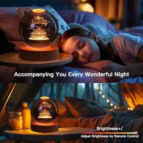 Desidiya 3D Crystal Happy Birthday Lamp Engraved Crystal Ball LED Night Light with Wooden Base - USB Powered Glass Ball Led Night Light Table Lamp for Kids Room, Teens Home & Office Decor,Warm White - Image 5