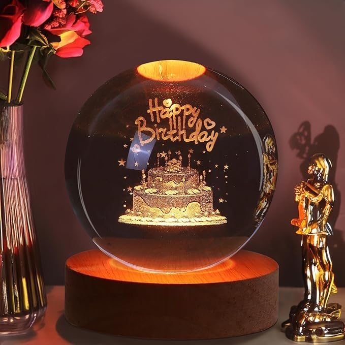 Desidiya 3D Crystal Happy Birthday Lamp Engraved Crystal Ball LED Night Light with Wooden Base - USB Powered Glass Ball Led Night Light Table Lamp for Kids Room, Teens Home & Office Decor,Warm White - Image 1