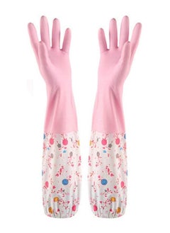 Generic Housework cleaning latex rubber bundle cuff winter velvet lining dishwashing long waterproof insulated gloves (pink)  - Image 1