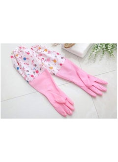 Generic Housework cleaning latex rubber bundle cuff winter velvet lining dishwashing long waterproof insulated gloves (pink)  - Image 2