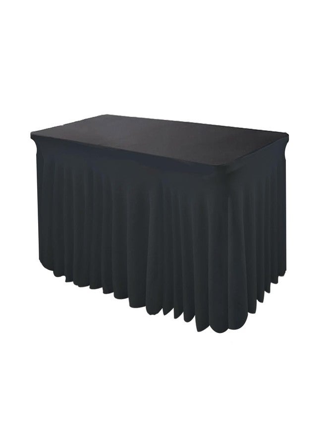 HAORUI Table Skirts, 6ft Rectangle Wrinkle Resistant Table Clothes, Ruffles Elastic Table Cover for Banquets, Weddings, Parties Black… - Image 1