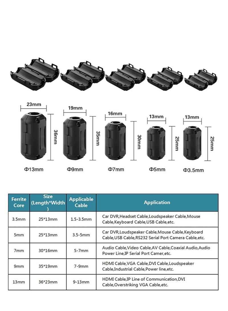 XiuWoo Clip on Ferrite Ring Core 20 Pieces Anti-Interference High-Frequency Filter RFI EMI Noise Suppressor with 3.5mm/ 5mm/ 7mm/ 9mm/ 13mm Inner Diameter Cable Black - Image 5