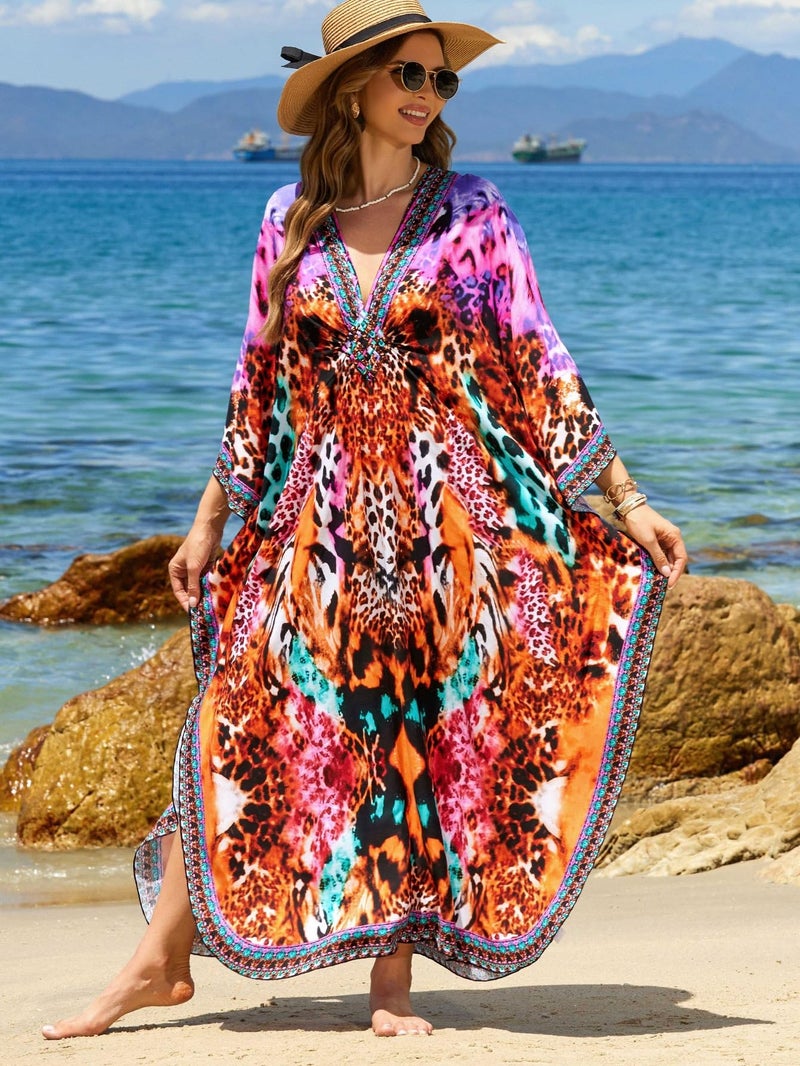 IMAGEKOPE Kaftan Dresses for Women Plus Size V-Neck Moo Moos Batwing Kaftan Beach Dress Bathing Suit Cover-Up Loungewear - Image 3