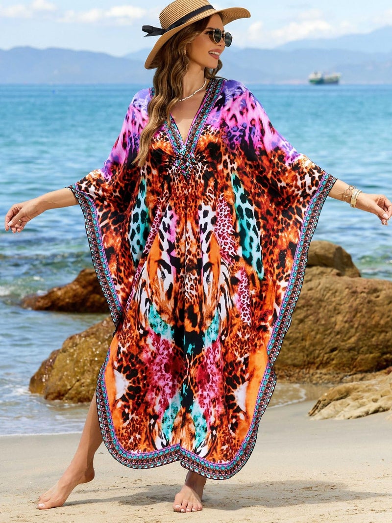 IMAGEKOPE Kaftan Dresses for Women Plus Size V-Neck Moo Moos Batwing Kaftan Beach Dress Bathing Suit Cover-Up Loungewear - Image 4