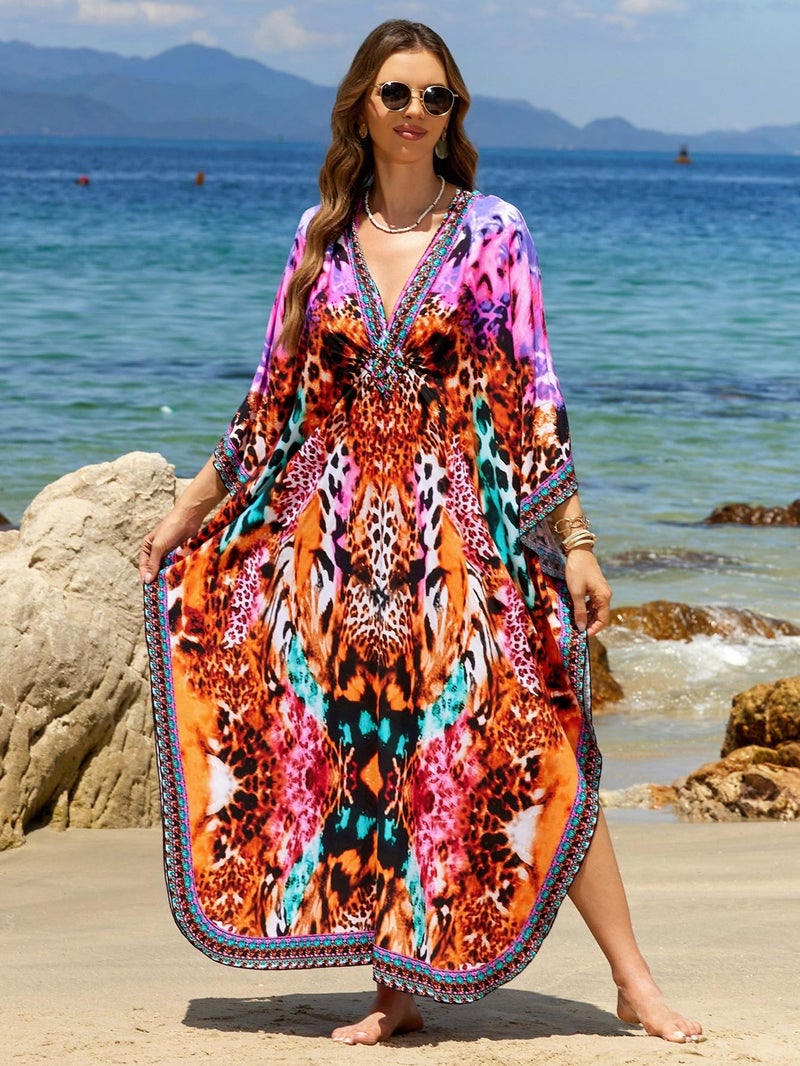IMAGEKOPE Kaftan Dresses for Women Plus Size V-Neck Moo Moos Batwing Kaftan Beach Dress Bathing Suit Cover-Up Loungewear - Image 2