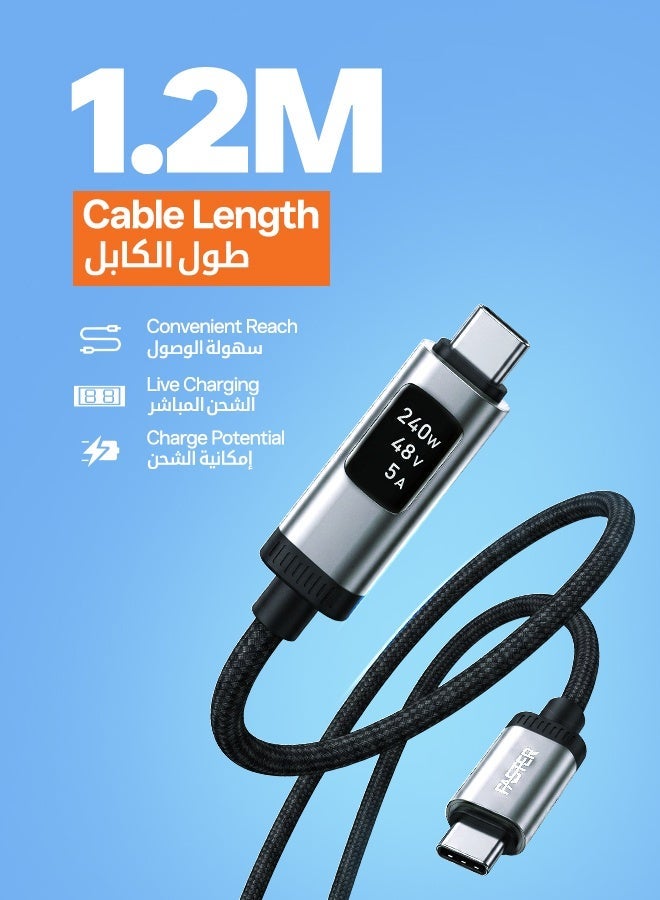 Faster 240W USB C to USB C Cable with OLED Power Display, 3.9FT Braided USB-C Fast Charging Cable, USB PD 3.1 5A, 480Mbps Data Transfer, Compatible with MacBook Pro/Air, iPad Pro, iPhone, Samsung, Laptops - Image 2
