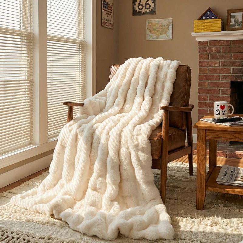 Fruaros Luxury DoubleSided 3D Bubble Faux Fur Throw Blanket Ultra Plush Fluffy Cream White Cozy Blanket for Couch Sofa Bed Soft Gift for Women Birthday Housewarming 50 x 60 - Image 2