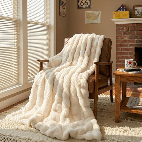 Fruaros Luxury DoubleSided 3D Bubble Faux Fur Throw Blanket Ultra Plush Fluffy Cream White Cozy Blanket for Couch Sofa Bed Soft Gift for Women Birthday Housewarming 50 x 60 - Image 1