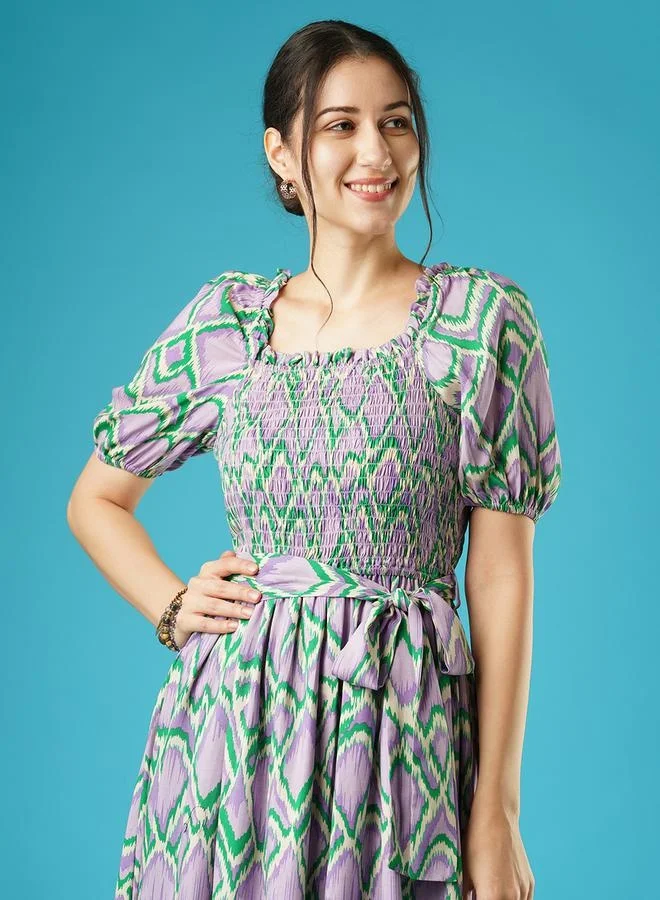 globus Globus Women Lavender Abstract Print Puff Sleeves Smocked Pleated Fit and Flare Midi Dress With Belt by Styli