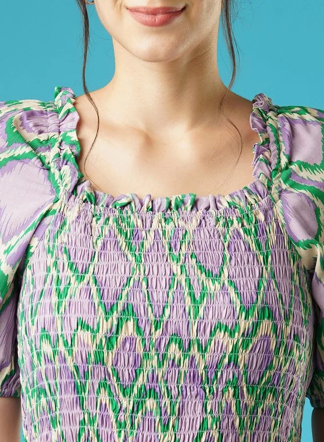 globus Globus Women Lavender Abstract Print Puff Sleeves Smocked Pleated Fit and Flare Midi Dress With Belt by Styli