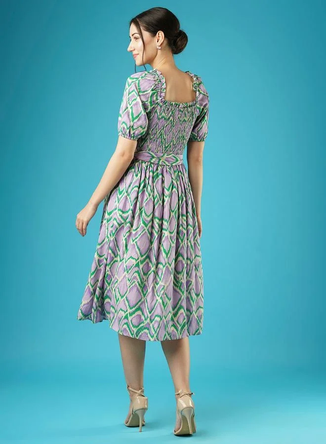 globus Globus Women Lavender Abstract Print Puff Sleeves Smocked Pleated Fit and Flare Midi Dress With Belt by Styli