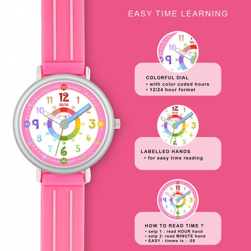 SPIKY Analog Watch for Kids (Pink) | Time Teaching Colorful Dial Display & Separate Minute | Water Resistant | Stylish Unisex Birthday Gift | Analogue Wrist Watches for Boys & Girls | Age 3-14 Yrs - Image 2