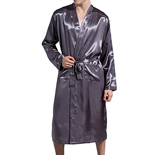 Lu's Chic Men's Silk Robe Lightweight Satin Kimono Summer SPA Lounge Long Sleeve Silky Bath Robe Soft Knee Length Bathrobe with Pocket Grey XX-Large - Image 3