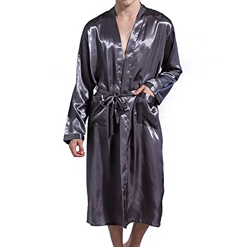 Lu's Chic Men's Silk Robe Lightweight Satin Kimono Summer SPA Lounge Long Sleeve Silky Bath Robe Soft Knee Length Bathrobe with Pocket Grey XX-Large - Image 2