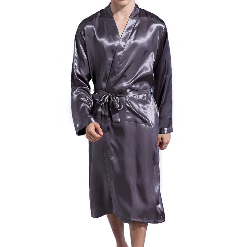 Lu's Chic Men's Silk Robe Lightweight Satin Kimono Summer SPA Lounge Long Sleeve Silky Bath Robe Soft Knee Length Bathrobe with Pocket Grey XX-Large - Image 5