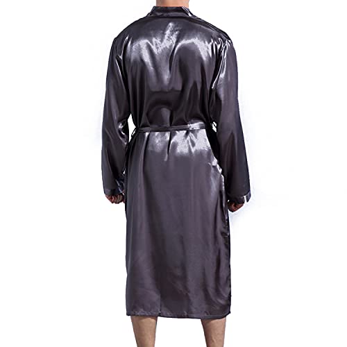 Lu's Chic Men's Silk Robe Lightweight Satin Kimono Summer SPA Lounge Long Sleeve Silky Bath Robe Soft Knee Length Bathrobe with Pocket Grey XX-Large - Image 4