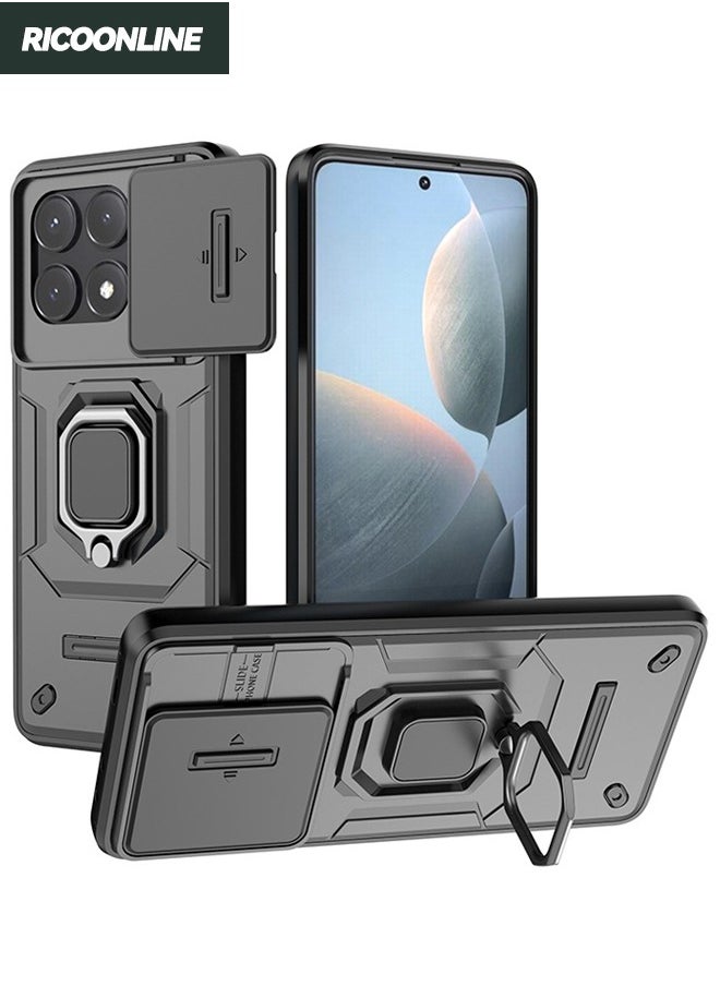 RICOONLINE - Xiaomi POCO X6 Pro Back Cover, Xiaomi POCO X6 Pro Case with Slide Camera Cover, Military Grade Heavy Duty Shockproof Phone Case Cover with Kickstand for Xiaomi POCO X6 Pro 5G, Black - Image 1