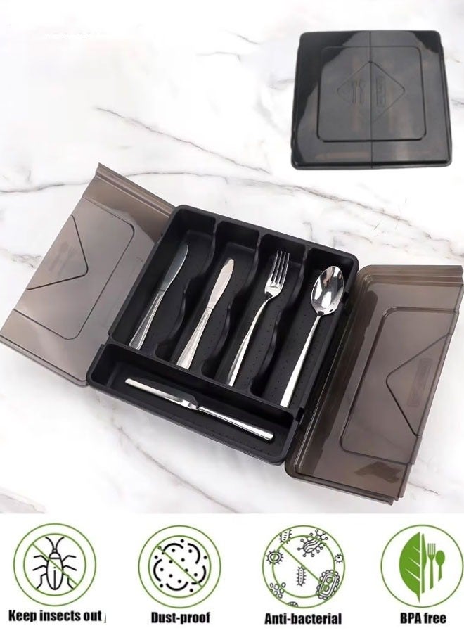 Cutlery Organizer with Lid for Drawer Storage Flatware Tray for Kitchen Countertop Plastic Holder Cutlery Tray for Knives Forks Spoons - Image 1