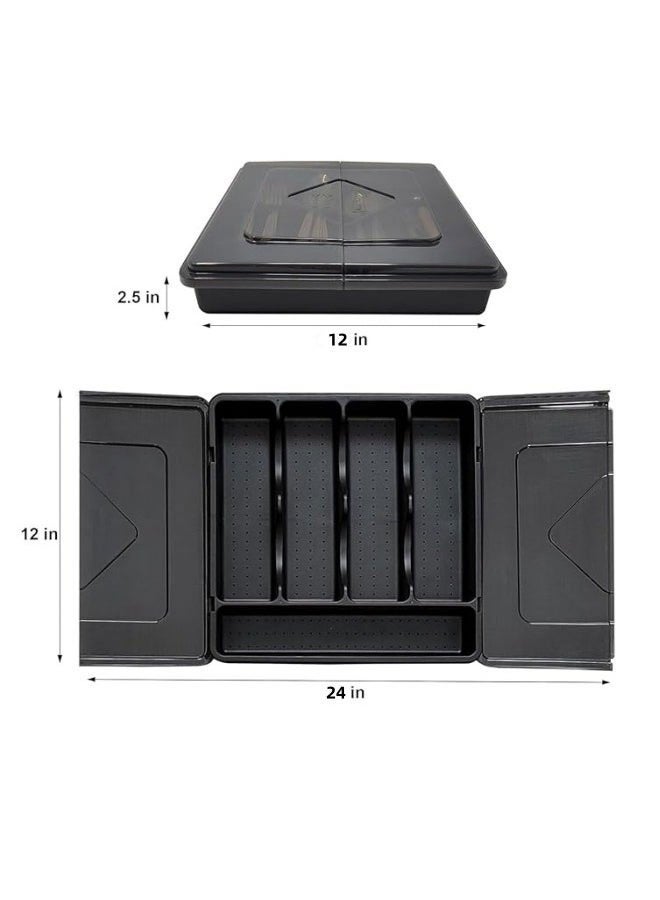 Cutlery Organizer with Lid for Drawer Storage Flatware Tray for Kitchen Countertop Plastic Holder Cutlery Tray for Knives Forks Spoons - Image 2