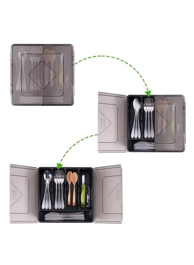 Cutlery Organizer with Lid for Drawer Storage Flatware Tray for Kitchen Countertop Plastic Holder Cutlery Tray for Knives Forks Spoons - Image 3