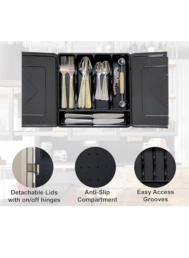 Cutlery Organizer with Lid for Drawer Storage Flatware Tray for Kitchen Countertop Plastic Holder Cutlery Tray for Knives Forks Spoons - Image 5