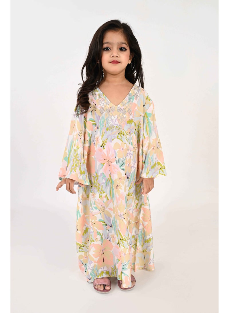 Linelle Kids Jalabiya – Pastel Floral Printed Rayon Maxi with Embroidery Detailing - Image 1