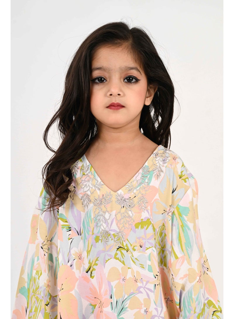 Linelle Kids Jalabiya – Pastel Floral Printed Rayon Maxi with Embroidery Detailing - Image 5