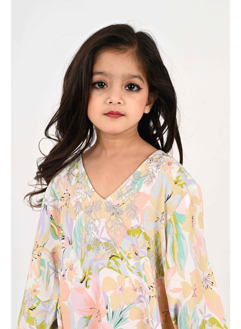 Linelle Kids Jalabiya – Pastel Floral Printed Rayon Maxi with Embroidery Detailing - Image 4