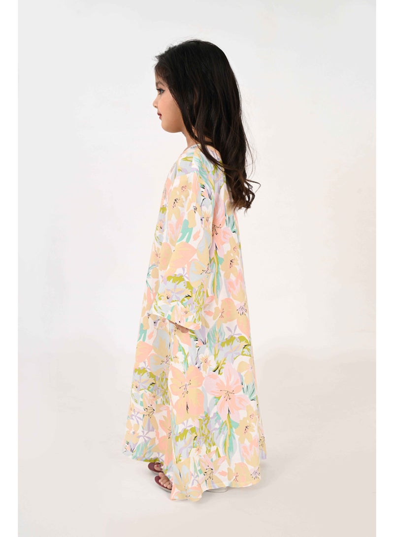 Linelle Kids Jalabiya – Pastel Floral Printed Rayon Maxi with Embroidery Detailing - Image 2