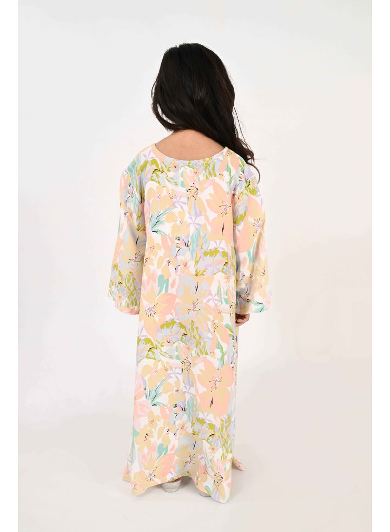 Linelle Kids Jalabiya – Pastel Floral Printed Rayon Maxi with Embroidery Detailing - Image 3