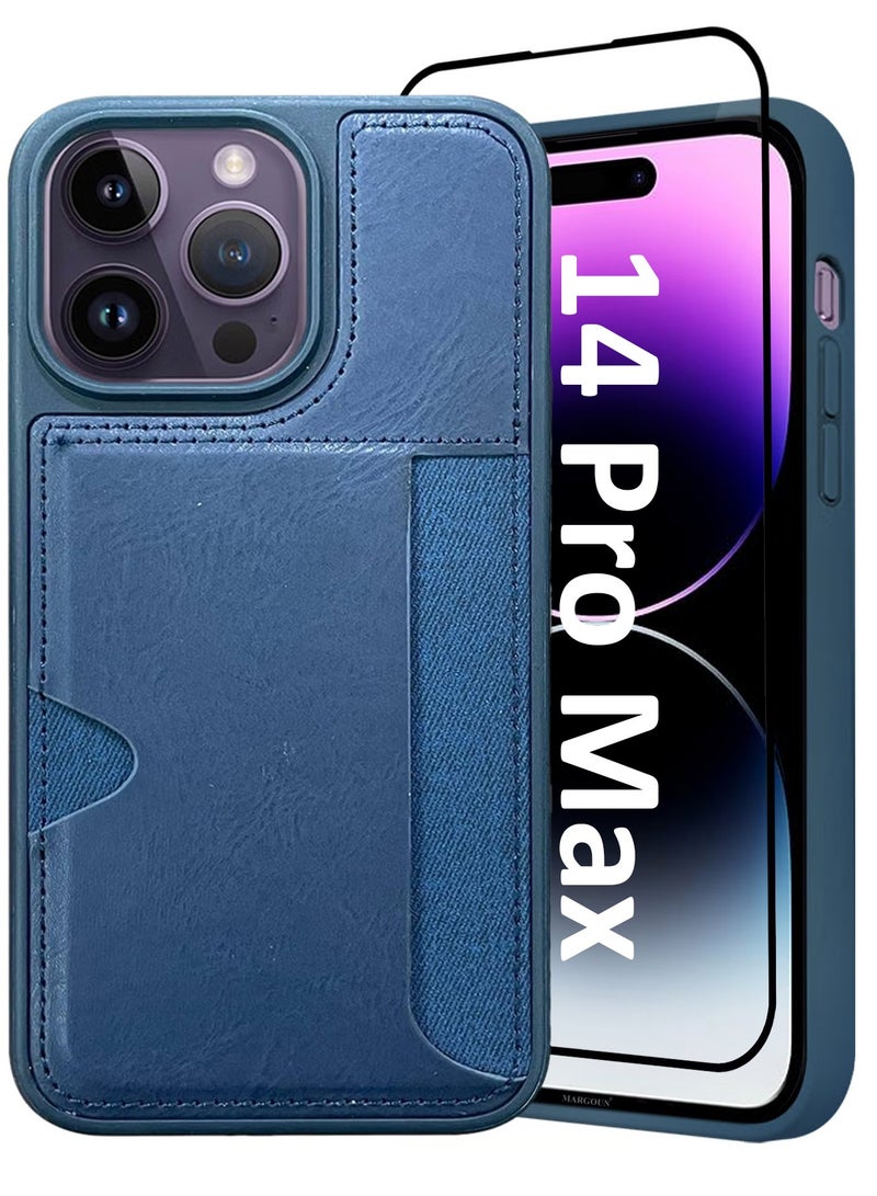 CATANES iPhone 14 Pro Max 2Packs Case Leather Antifingerprint Cover with Wallet Card Slot Shell, Side Insert Card Holder, Anti Fall Protection - Blue  - Image 1