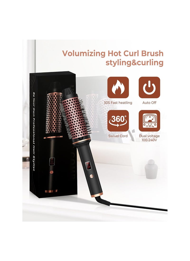 1.5" Ionic Tourmaline Ceramic Hair Curling Brush, LCD Display Hot Thermal Round Brush with Adjustable Temp 120-210℃, Anti-Tangle Design, Dual Voltage for Travel, Creates Volume & Waves(1 PACK)