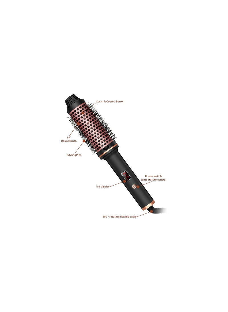 1.5" Ionic Tourmaline Ceramic Hair Curling Brush, LCD Display Hot Thermal Round Brush with Adjustable Temp 120-210℃, Anti-Tangle Design, Dual Voltage for Travel, Creates Volume & Waves(1 PACK)