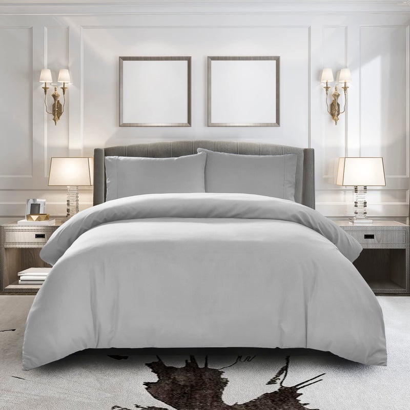 Duvet Cover King [3-Piece  Light Grey] - 1 Comforter Protector with Zipper Flap and 2 Pillow Shams - Hotel Luxury 1800 Brushed Microfiber - Ultra Soft  Cool and Breathable Comforter Cover