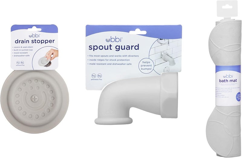 Ubbi Bath Drain Cover, Spout Guard & Bath Mat Bundle, Baby and Toddler Bath Time Accessories, Gray - Image 2