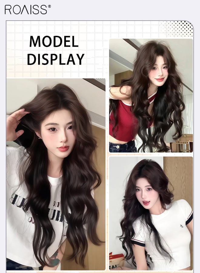 roaiss V-Shaped Wavy Hair Extensions for Women Medium Length Hair,One Piece Hair Extension Wig with 5 Clips,Natural one Piece Seamless Invisible Wig Brown Black - Image 3