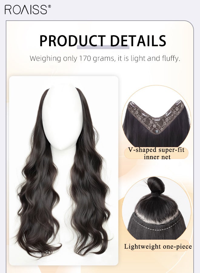 roaiss V-Shaped Wavy Hair Extensions for Women Medium Length Hair,One Piece Hair Extension Wig with 5 Clips,Natural one Piece Seamless Invisible Wig Brown Black - Image 2
