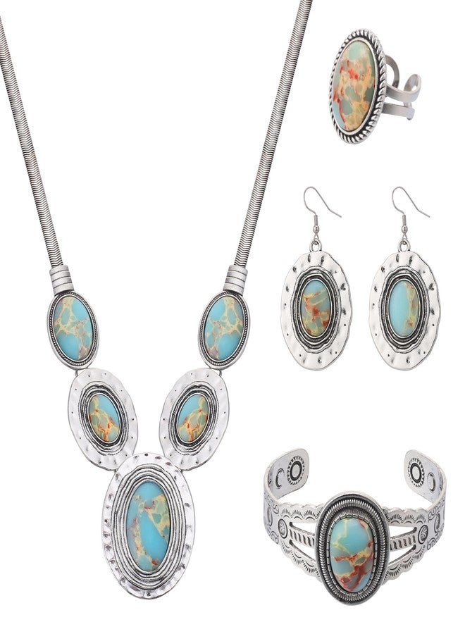 JMScape 4 PCS Western Turquoise Jewelry for Women Boho Vintage Navajo Pearl Necklace Earring Bracelet Ring Set Country Cowgirl Accessories for Gift, Large, Metal, Turquoise - Image 1