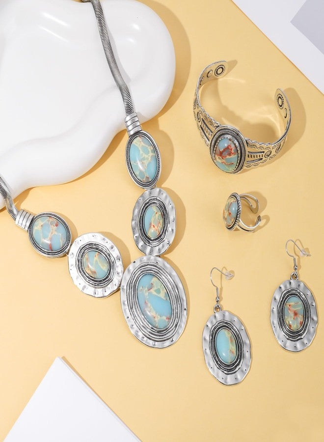 JMScape 4 PCS Western Turquoise Jewelry for Women Boho Vintage Navajo Pearl Necklace Earring Bracelet Ring Set Country Cowgirl Accessories for Gift, Large, Metal, Turquoise - Image 3